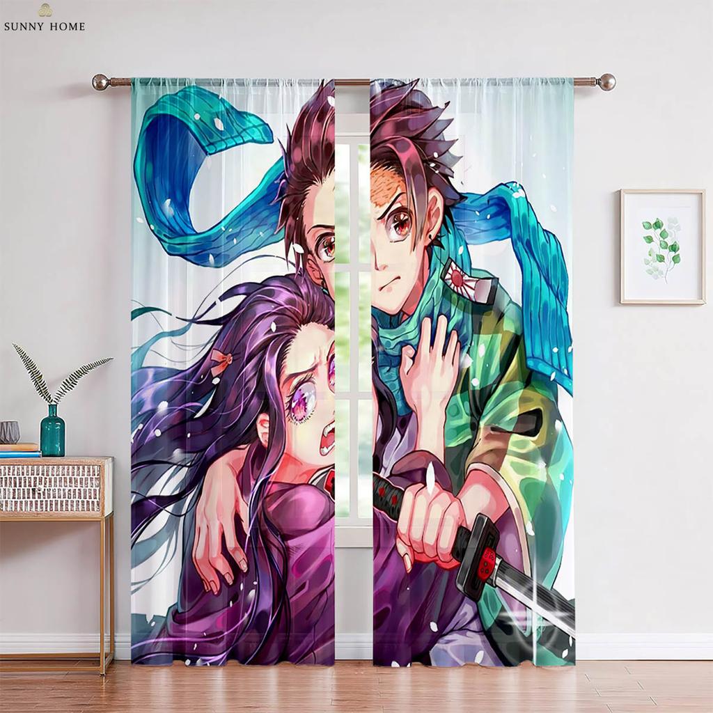 Hot-Blooded Girl Anime Printed Curtains Suitable For Children's Room Dormitory Living Room Study Room Decorative Curtains 2 PCS