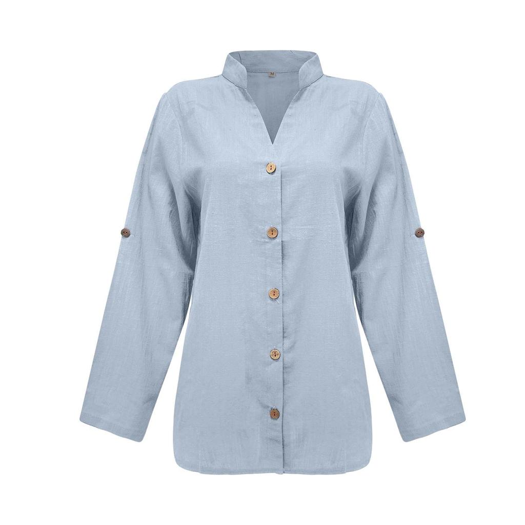 Tops V-Neck Shirt Blouse Tunic Long Shirt Large Sizes Linen Tops Plain T-Shirt Loose Elegant Pullover