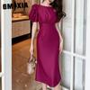 Летнее женское элегантное темпераментное облегающее благородное фиолетовое платье с объемными рукавами на талии