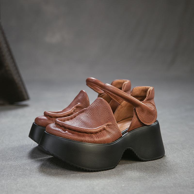 Johnature Сандалии из натуральной кожи на толстой подошве Ретро Круглый носок Толстый каблук Женская платформа