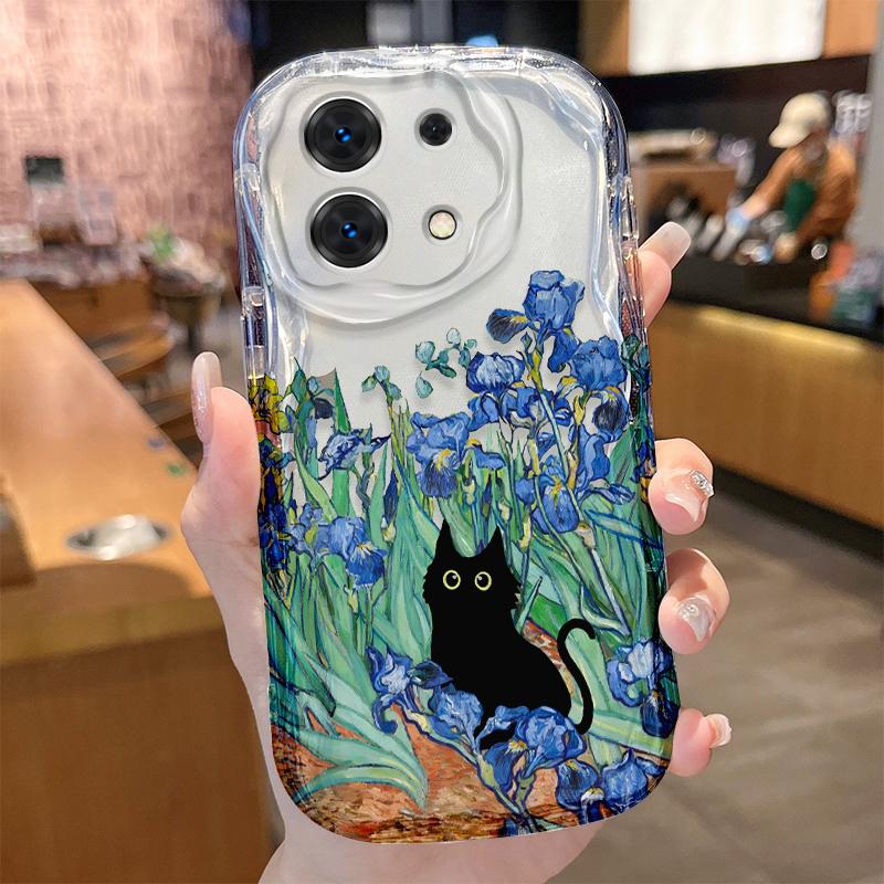 Винтажный синий чехол с цветочным рисунком и черным котом для Xiaomi Redmi Note 14 13 12 11 10 Pro Plus 5G 9 14C 13C 4G 12C 10C 10S A2 A1 Мягкая крышка