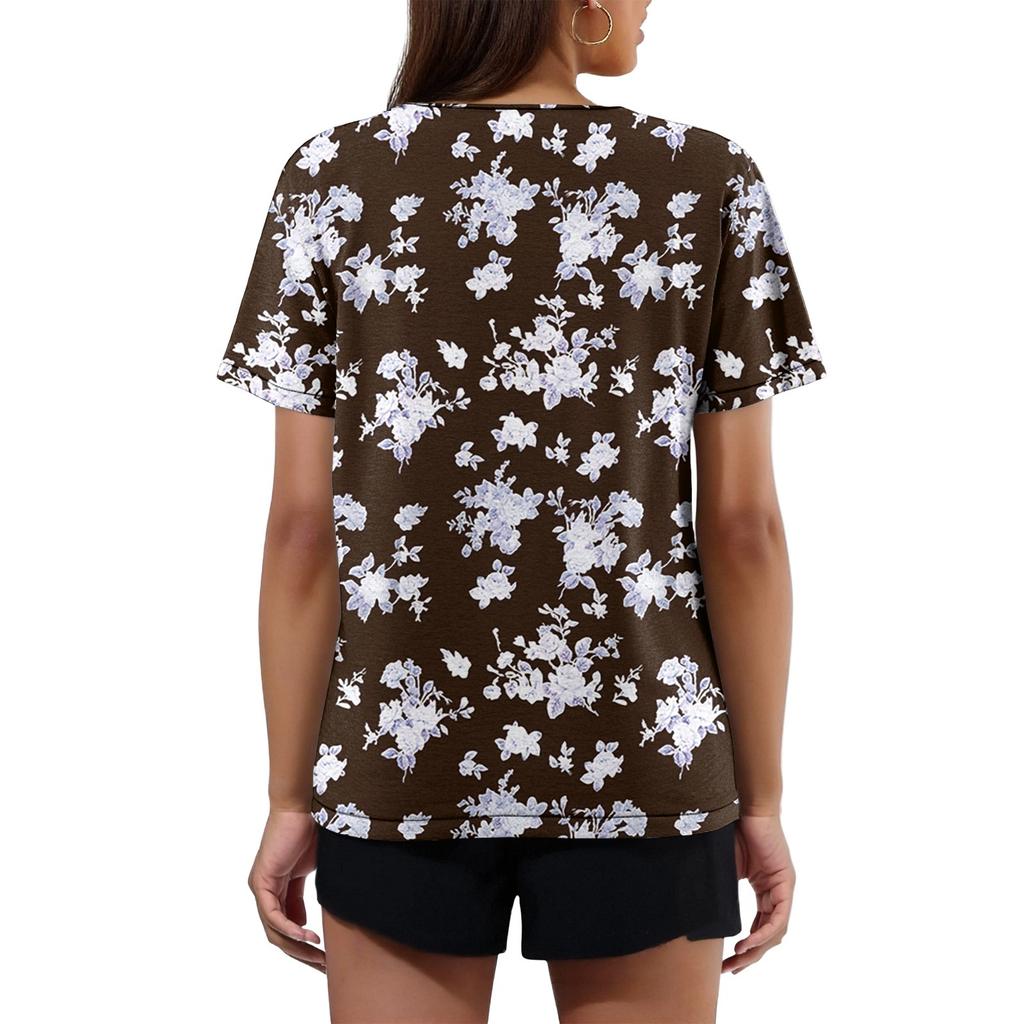 Women's T Shirt Tee Print Button Short Sleeve Daily Weekend Fashion Basic V- Neck Regular Top