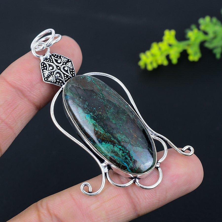 Азурит Малахит Драгоценный камень Ручной работы Подвеска из стерлингового серебра 925 пробы 3,03" w0C03