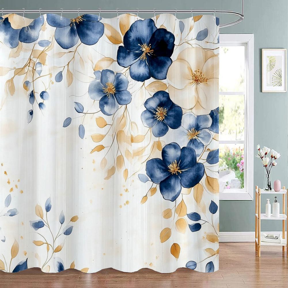 Blue Floral Shower Curtain, Bathroom Decorative Shower Curtain, Printed Polyester Fabric Shower Curtain with Hooks