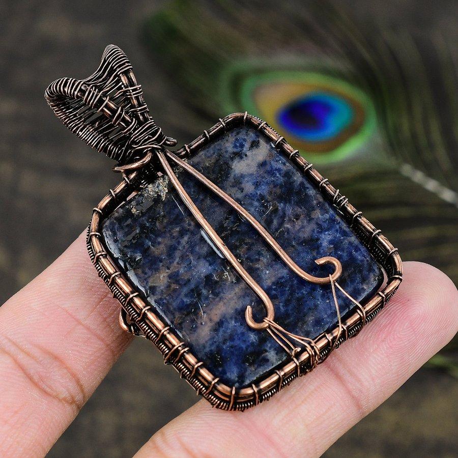 Содалит Драгоценный камень Медная проволока Обернутый Ювелирный Кулон 2.44