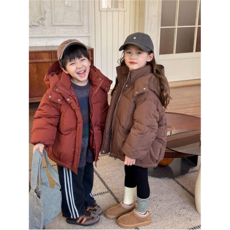Children's Winter Solid Color Hooded Thickened Warm Down Jacket Middle and Large Children Long-sleeved Loose Leisure Jacket
