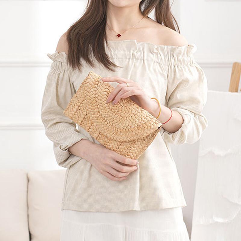 Модная пляжная сумка, женская летняя пляжная сумка-конверт, тканый клатч, однотонная, большая вместительная сумка для хранения, соломенная сумка из кукурузной шелухи