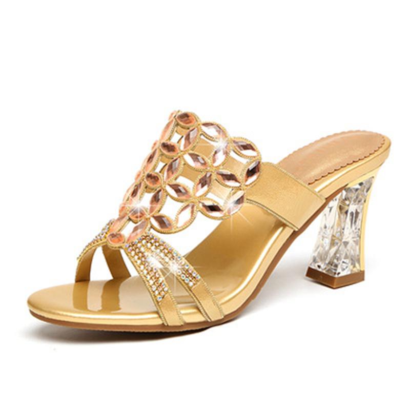 Модные женские дышащие босоножки со стразами и цветочным узором, летние модные новые кожаные тапочки, нескользящие босоножки с ромбами на толстом каблуке