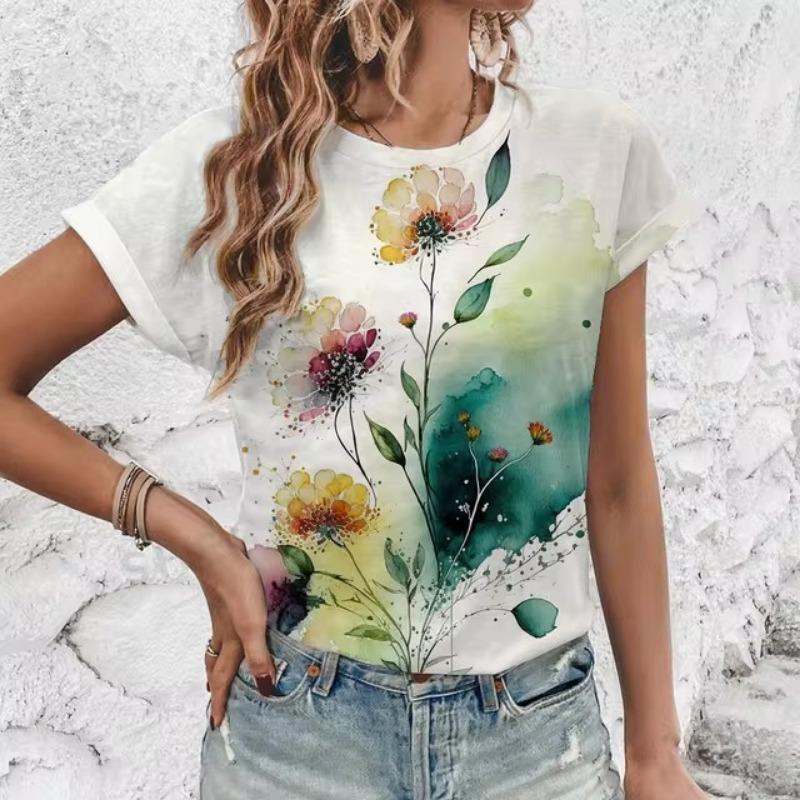 Элегантная женская футболка с художественным цветочным узором, модная футболка с 3D-печатью, популярная женская футболка с короткими рукавами Ummer Leisure