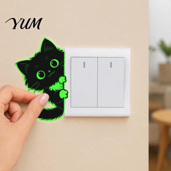 Cute Cat Light Switch Decals Glow in The Dark Black Wall Sticker, Luminous Self-Adhesive Waterproof Plates for Renters Decal, Decorative Room