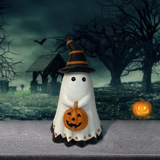 Хэллоуин Статуэтка Привидения Маленькое Белое Привидение с Тыквой Милая Фигурка Привидения из Смолы Настольное Украшение для Внутреннего/Наружного Хэллоуинского Декора