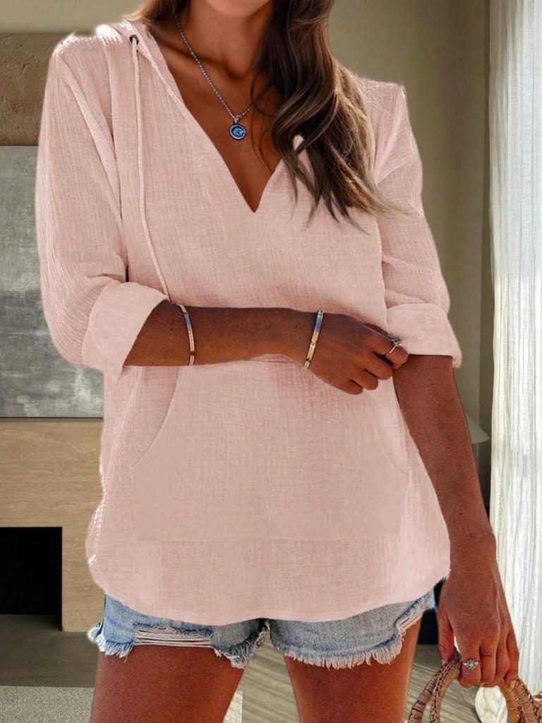 Women's Beach Cover Up Hoodie Long Sleeve V Neck Pocket Hooded Sweatshirt Top