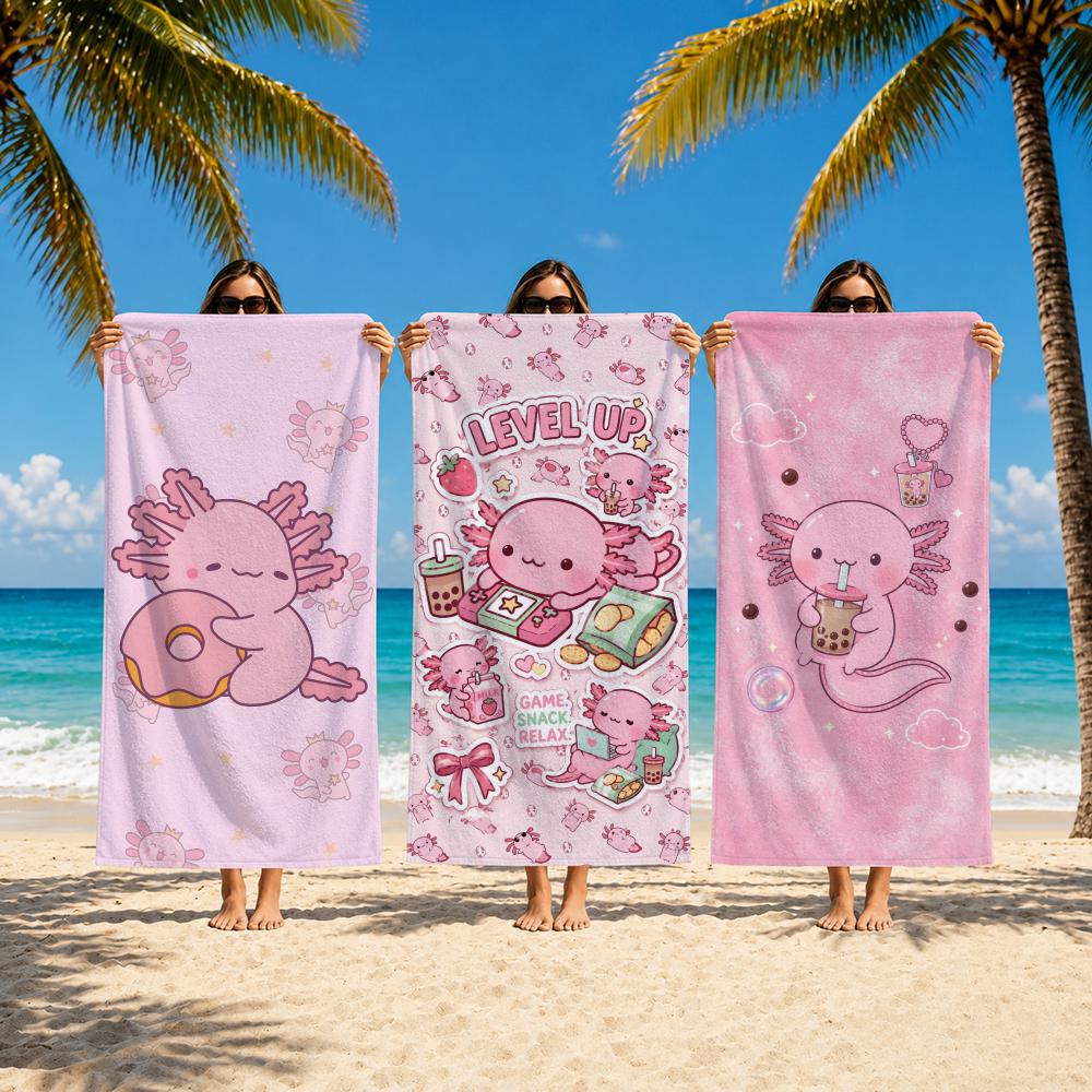Pink A-Axolotl Cute Cartoon Towel Towel beach towel, quick drying absorbent bath towel for Swim,Gym,Camping,Outdoor hot