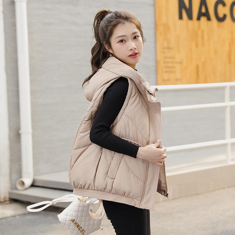 Women Autumn Winter Hooded Collar Sleeveless Solid Color Drawstring Warm Coat Vest