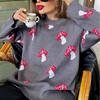 Women's Mushroom Jacquard Sweater Loose Contrast Color Pullover Sweater