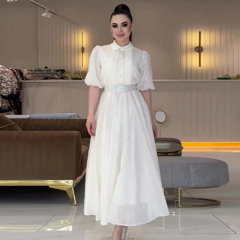 Летнее женское однотонное элегантное длинное платье с пышными рукавами и завязкой на талии