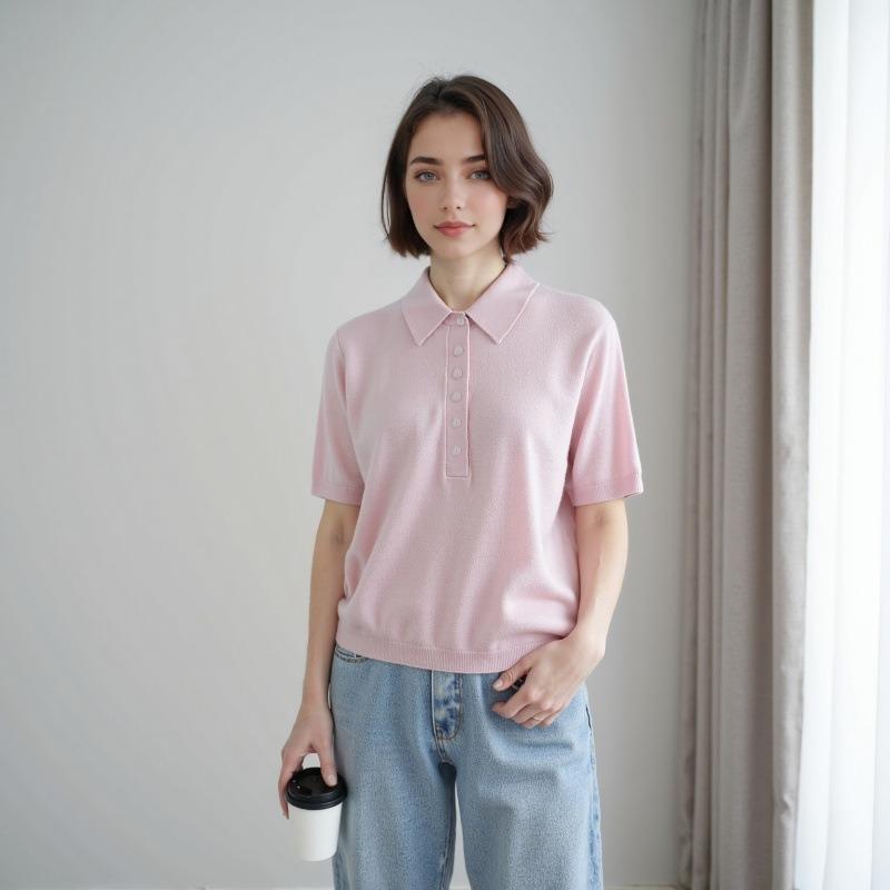 Ease Half Placket Lapel 0 Wool Sweater Women's Early Autumn Short-sleeved Inner Solid Color Simple Pullover Bottoming Shirt