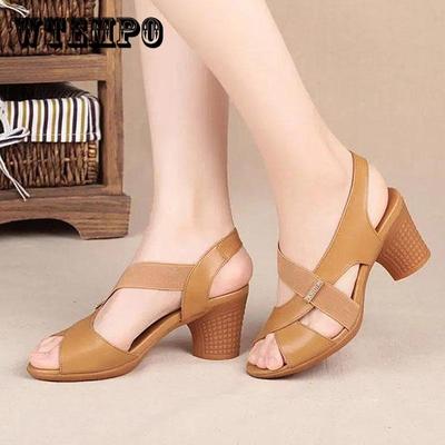 Женские весенне-летние сандалии большого размера на среднем каблуке, офисные женские однотонные повседневные кожаные сандалии на толстом каблуке