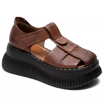 Летняя одежда маффин толстая подошва кожаная сумка голова сандалии женские коровья кожа ретро нишевый дизайн женская обувь