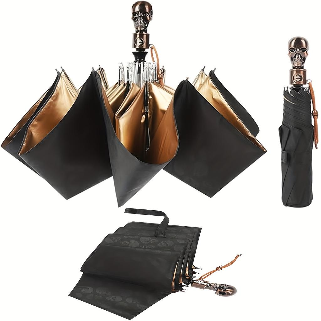 Skull Shaped Handle Folding Umbrella, 8 Ribs Compact Durable Casual Umbrella For Men & Women