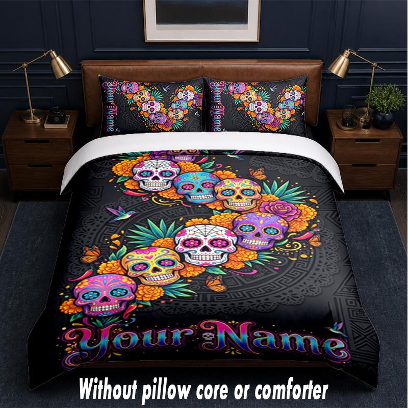 Day of the Dead Theme Custom Text Or Name 3Pcs Bedding Set,1 Flat Sheet & 2 Pillowcases Personalized Home Bedding