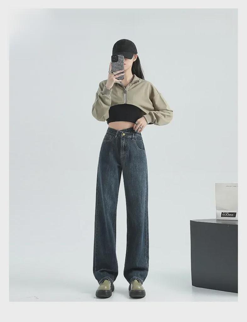 Женские джинсы широкого кроя сине-серого цвета с высокой талией, маленького размера, длиной до пола, с нестандартной косой пряжкой, идеально подходят для весны и осени.