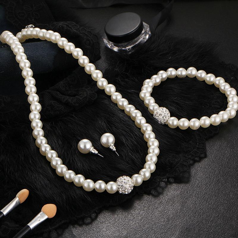 Womens Bride Wedding Set Faux Pearl Necklace Bracelet Earrings