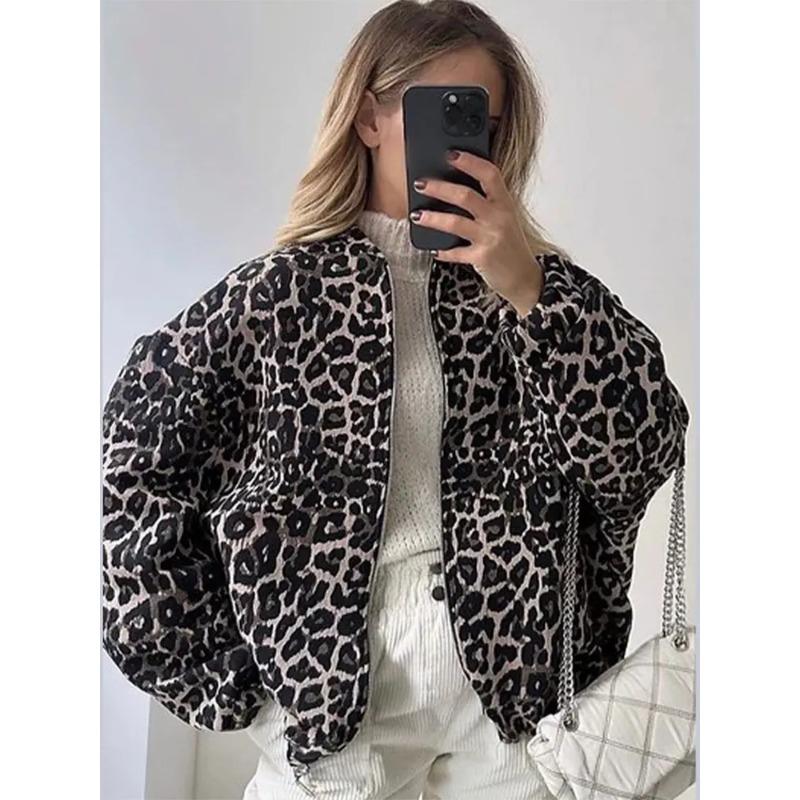 Fashion Leopard Zipper Long Sleeved Women's Jacket Retro Round Neck Street Casual Outwears Female Autumn Commute Coat
