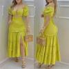 Summer 2023 Solid Color One-Shoulder High Slit Back Zipper Dress Set