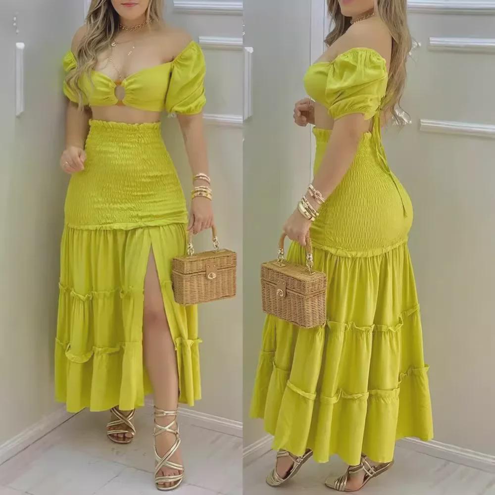 Summer 2023 Solid Color One-Shoulder High Slit Back Zipper Dress Set
