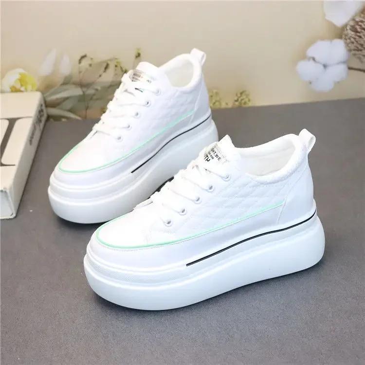 Fashion Platform Shoes All-Match Women's Leather Breathable White Shoes Invisible Height Increasing Insole Comfort and Casual Sneakers