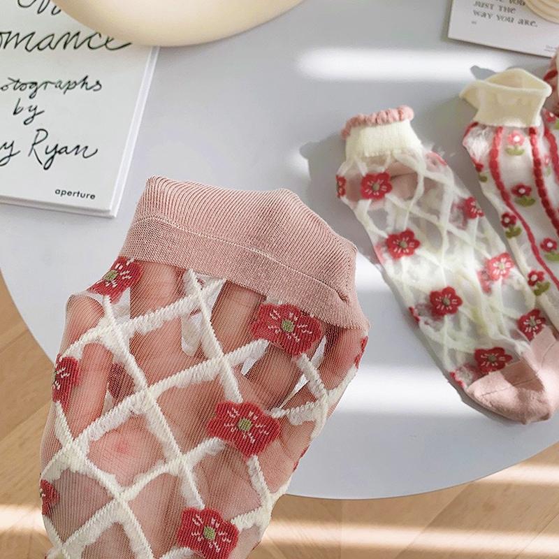 5 пар женских носков Harajuku, летние носки с кружевом и рисунком, повседневные носки, прозрачные эластичные короткие носки для школьниц