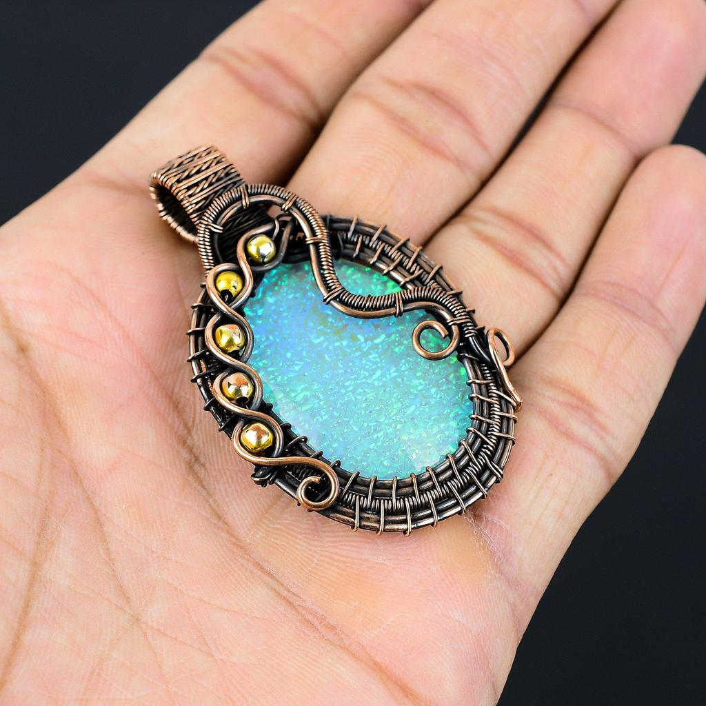 Синий австралийский тройной опаловый драгоценный камень, ювелирные изделия из чистой медной проволоки, обернутый кулон ручной работы