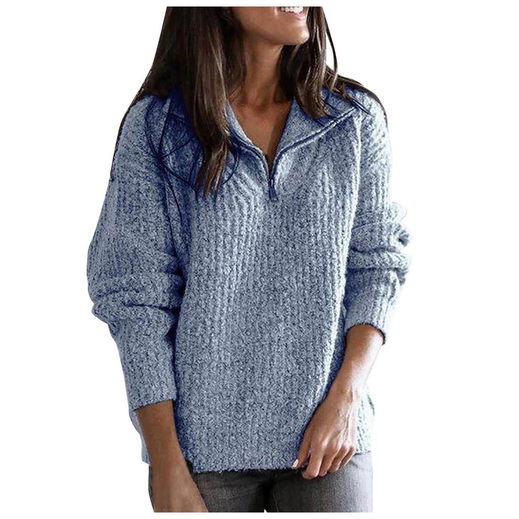 Женский осенне-зимний повседневный свободный однотонный вязаный свитер с длинными рукавами и воротником-стойкой, пуловер на полумолнии