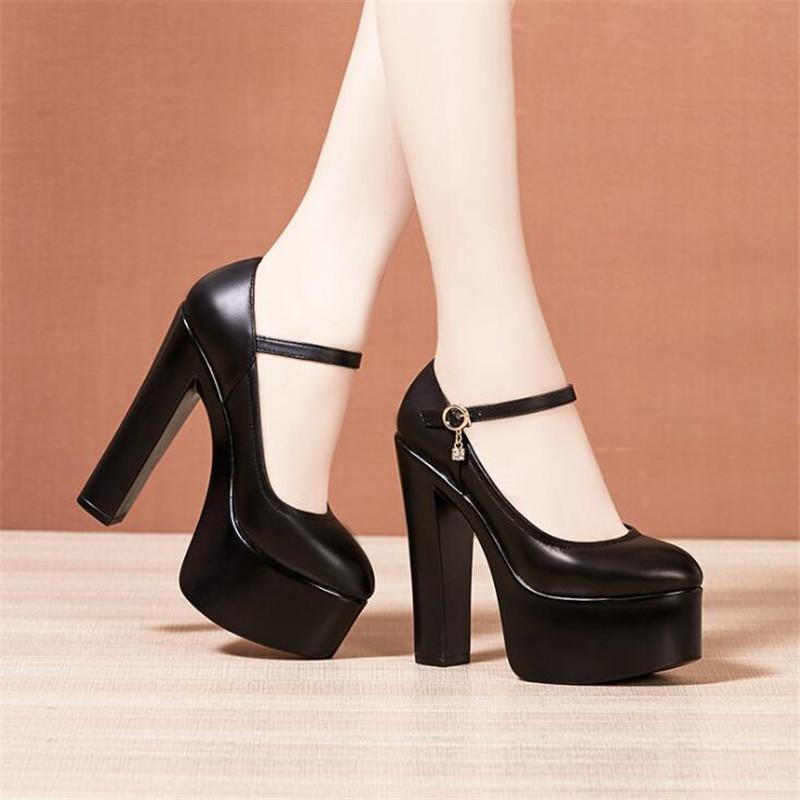 Women High Heels Pointed Toe Lady Pumps Buckle Strap Platform15cm High Heel Shoes Women Shoes Large Size 33-43 Leather Shoes