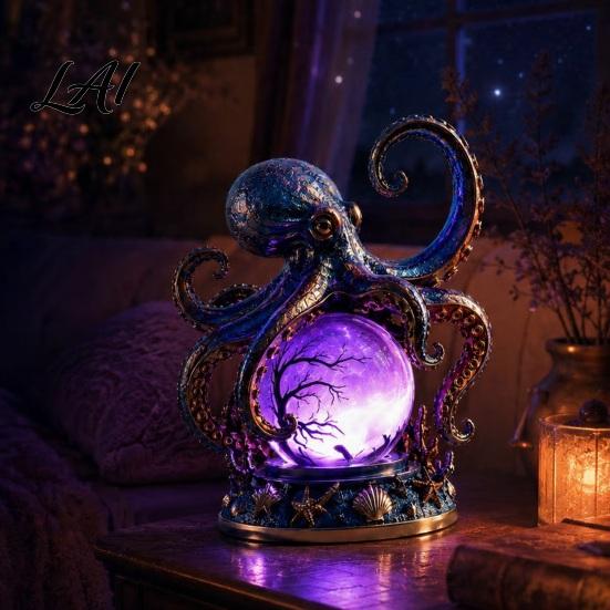 Octopus Crystal Ball Lamp Deep Sea Lamp 3D Handmade Engraved Resin Night Light with Marine Life Home Decor LED Base Bedroom Ambient Nautical