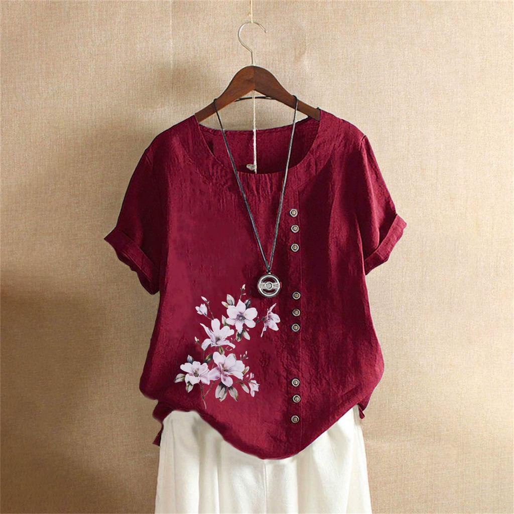 Хлопковая и льняная женская одежда Лето и осень Ретро Повседневная свободная хлопковая и льняная футболка с коротким рукавом Женская одежда больших размеров