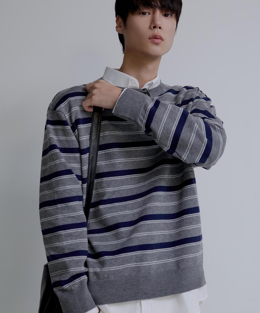 NODU Triple Stripe Semi-Crop Knit [Gray]