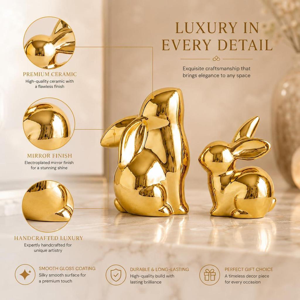 Ceramic Rabbit Figurines Set of 2, Gold Decorative Bunny Statues for Home Decor, Small Modern Animal Showpieces
