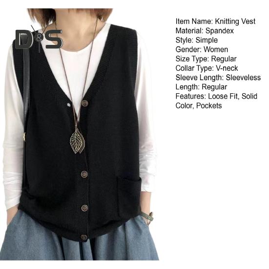 Женский вязаный жилет с V-образным вырезом без рукавов, однобортный теплый жилет, однотонный свободный крой, трикотажные майки с карманами