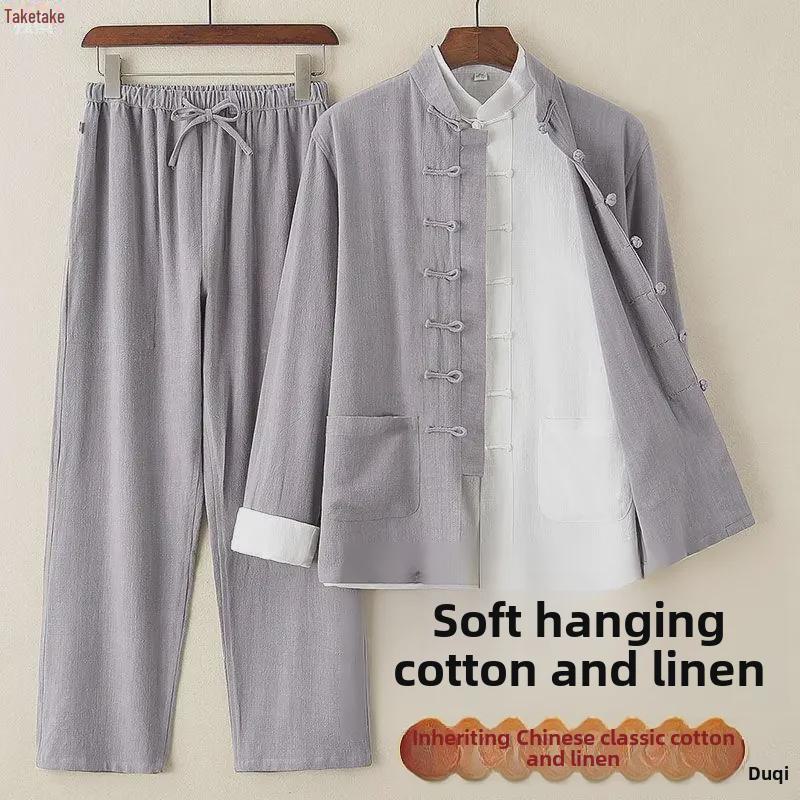 Костюм Тан Весна-Лето: Хлопково-льняной костюм-тройка в китайском стиле с воротником-стойкой на пуговицах