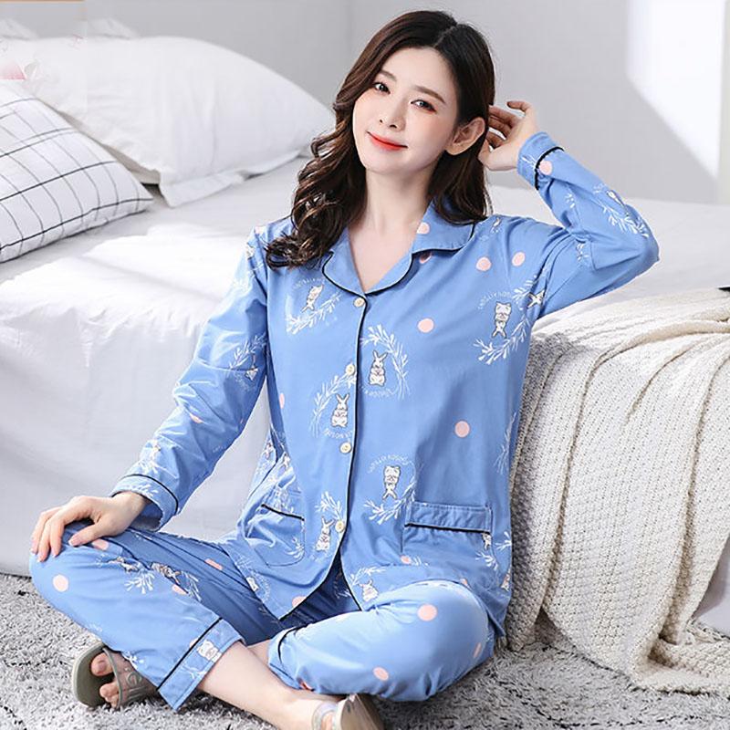 Весенне-осенне-летний хлопковый пижамный костюм для женщин и девочек с милым принтом и большим размером, тонкий домашний костюм с длинными рукавами