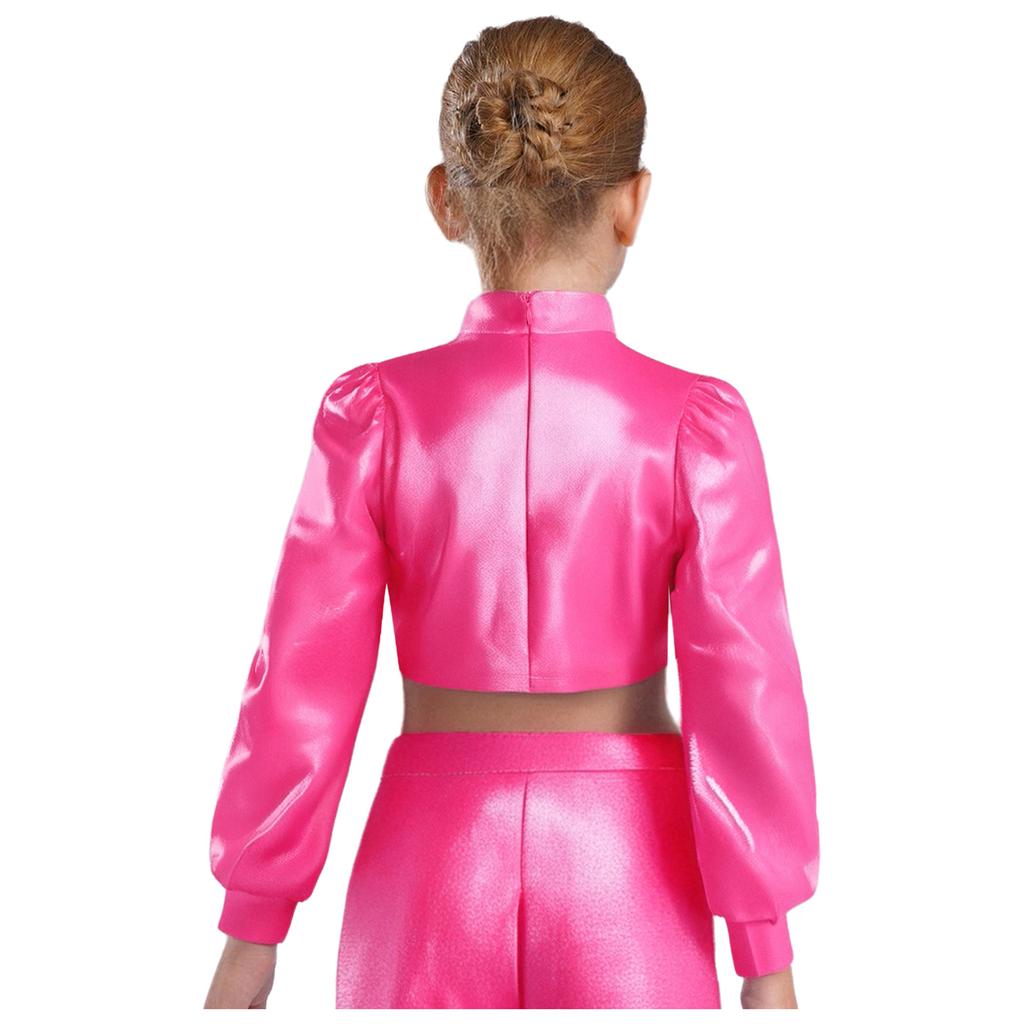 Girls Jazz Dance Top Mock Neck Long Sleeves with Invisible Zipper Back Shiny Rhinestones Metallic Dancewear