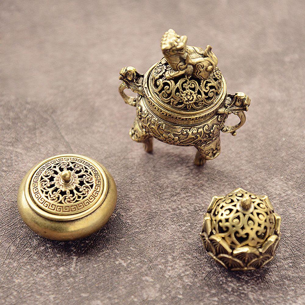 Desktop Ornaments Home Decoration Retro Brass Censer Hollow Lotus Incense Burner Mini Qilin Head