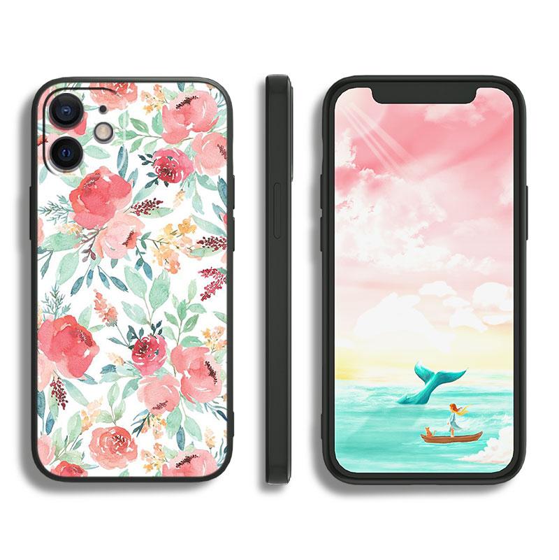 Красочные цветочные листья для Apple iPhone 11 12 13 Max Mini 7 8 X XR XS Pro Plus черный роскошный силиконовый мягкий чехол для телефона