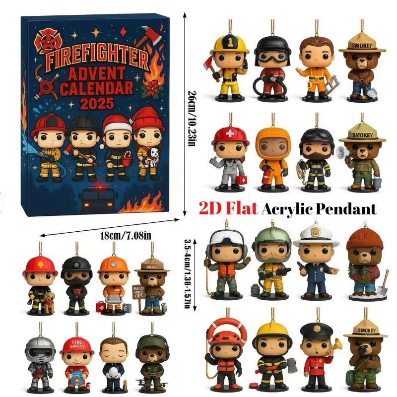 Firefighter Advent Calendar 2025, 24 Days Christmas Countdown Calendar With 2D Flat Acrylic Firefighter Themed Decorations,Gift For Firefighter