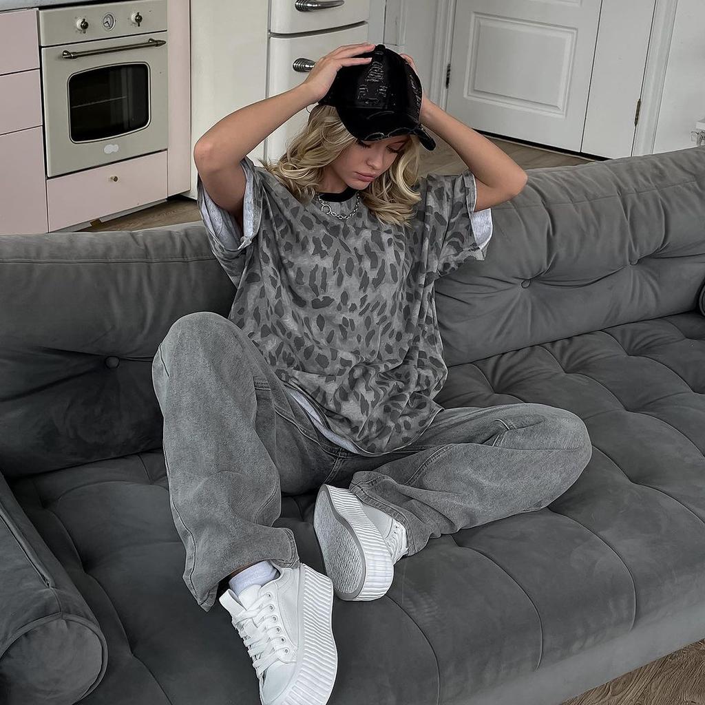 Fashion Leopard Print Short-sleeved T-shirt Women Drop Shoulder Summer Hundred Loose Basic Paragraph Round Neck Half-sleeved Tops