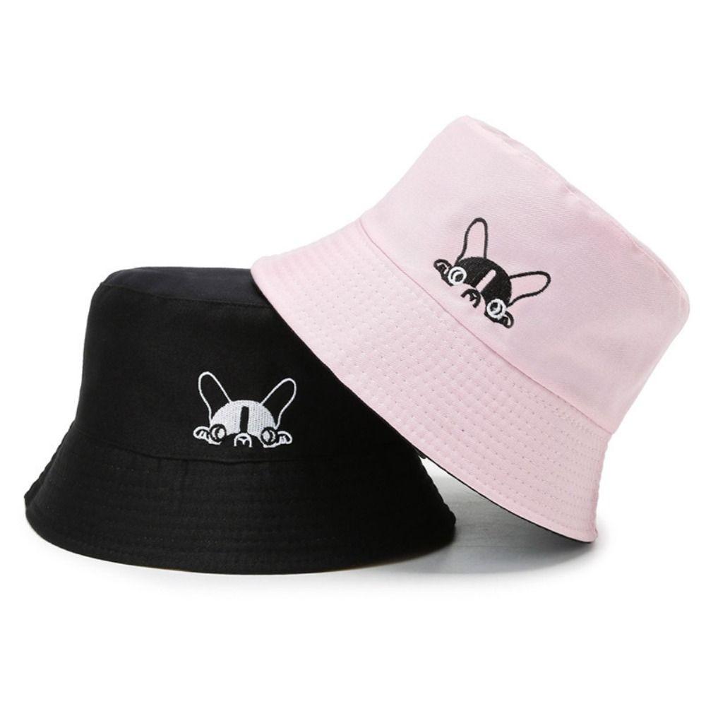 Foldable Bucket Hat Cute Dog Embroidered Fisherman Cap Portable Outdoor Sun Caps  Sun Protection