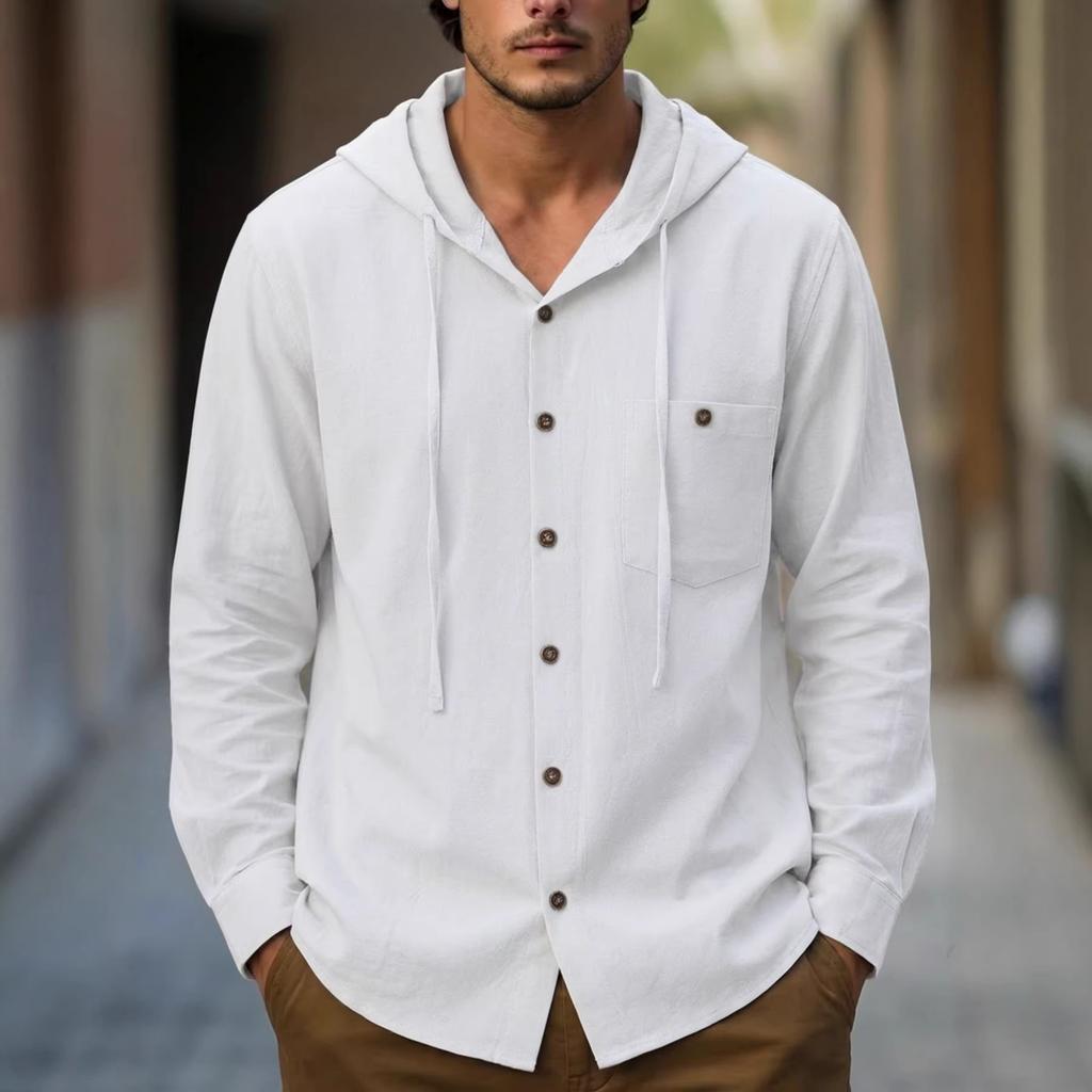 2026 Men's Fashion Casual Long-Sleeved Shirt with Cotton and Hemp, Hooded, Padded Pocket, Casual Beach Long-Sleeved Shirt