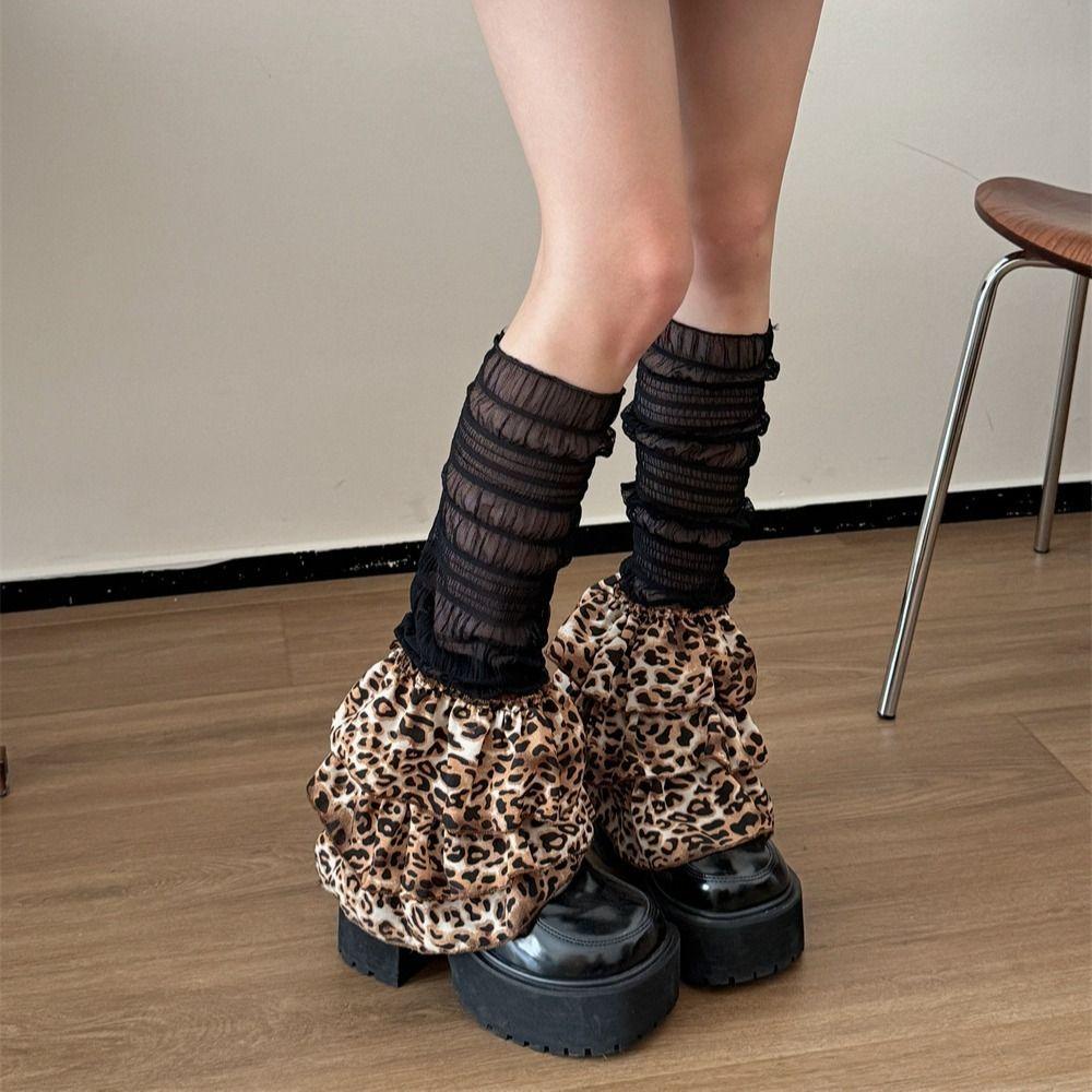 Winter Warm Ruffled Flared Leg Sleeve Leopard Print Tiered Piled Calf Socks Ruched Leg Warmer